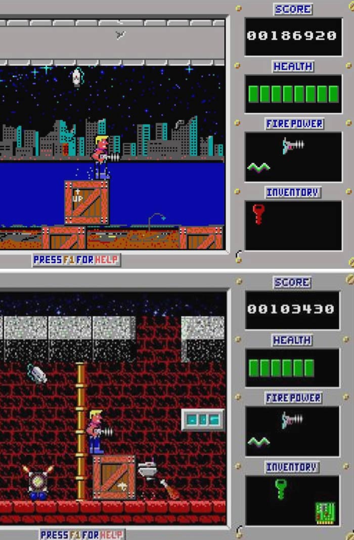 Retro video game screenshots with character navigating platforms and health meters displayed.