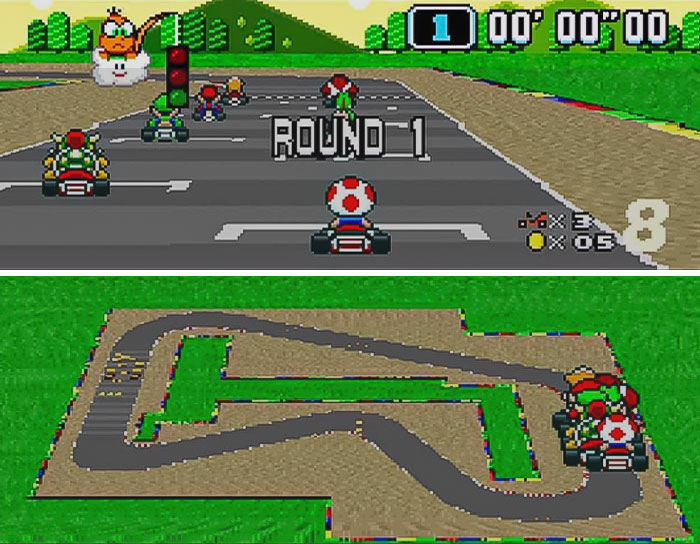Retro video game scene featuring a classic kart race track and characters preparing for a race.