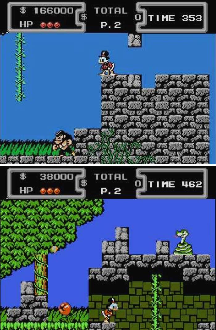 Retro video games gameplay featuring pixel art characters in castle and forest levels with health and time indicators.