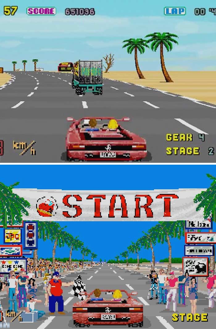 Retro video game scene with a red convertible racing through a desert highway and starting line with palm trees and spectators.