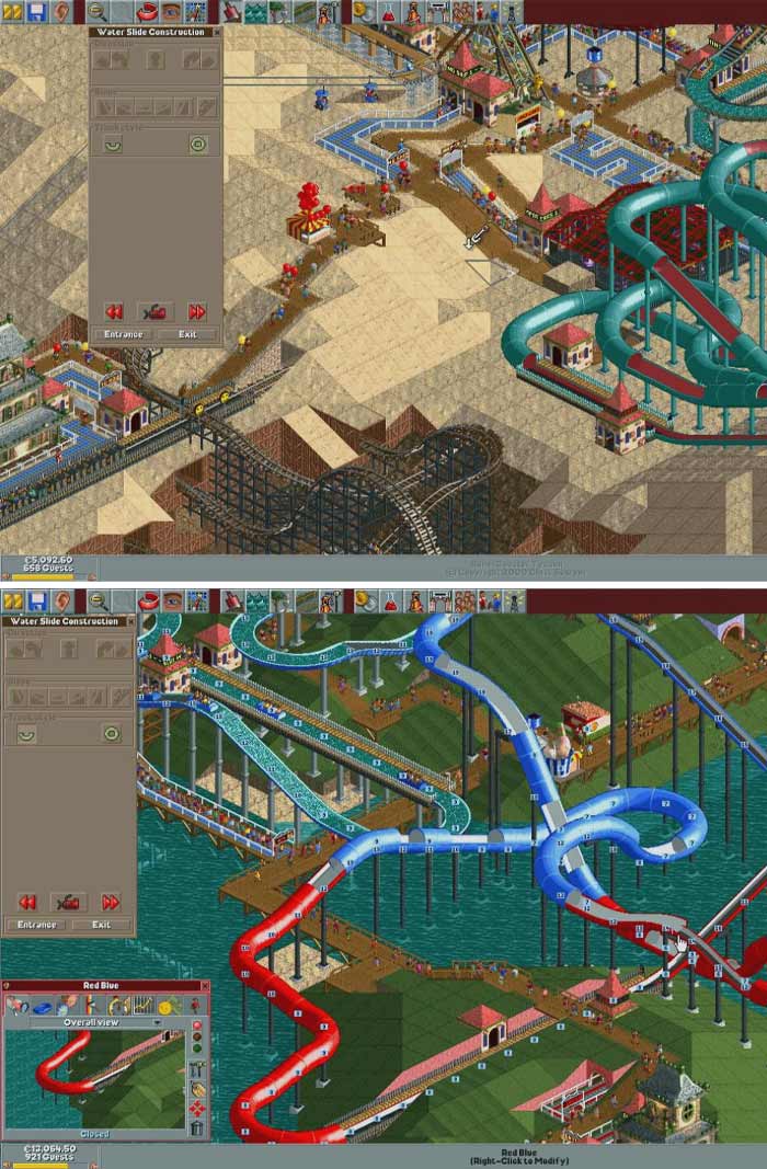 Screenshot of a retro video game featuring a roller coaster and water slides in a theme park setting.