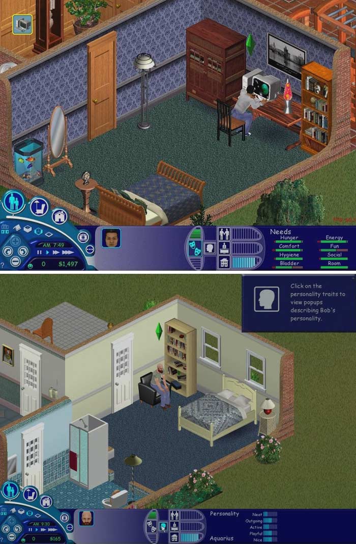 Screenshots of a retro video game showing a Sims-style virtual home and character interactions.