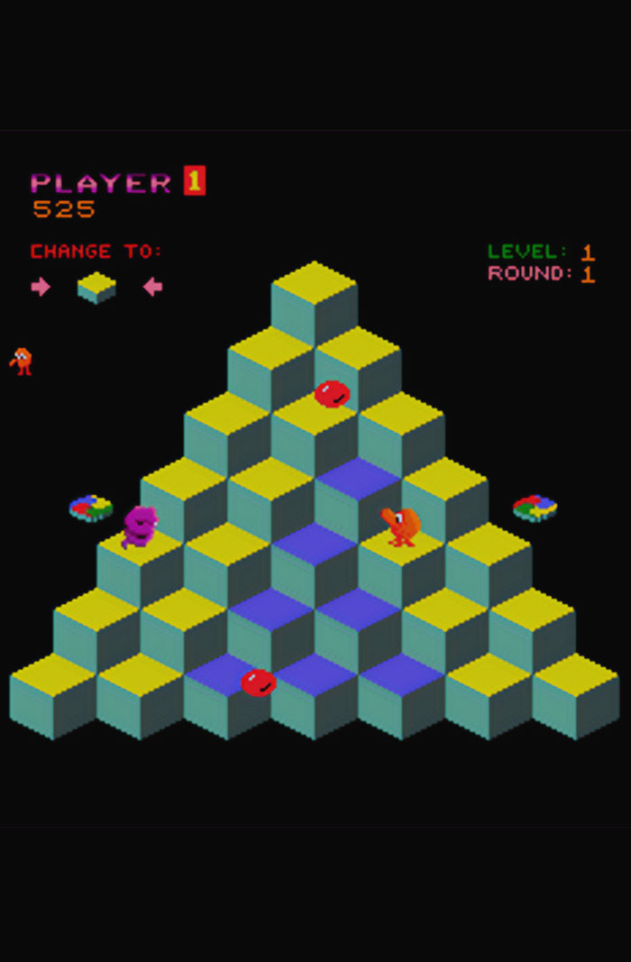 Retro video game featuring colorful 3D blocks and characters on a pyramid, displaying player score and level details.