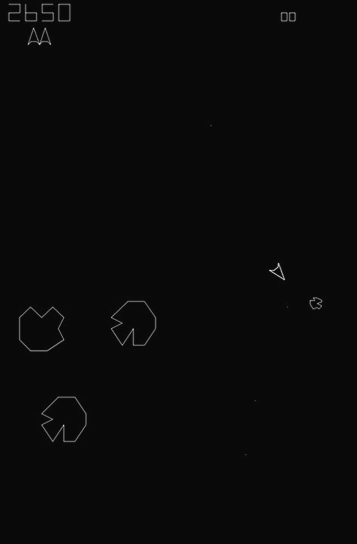 Classic Asteroids gameplay with a spaceship and asteroids, featuring retro video game graphics.