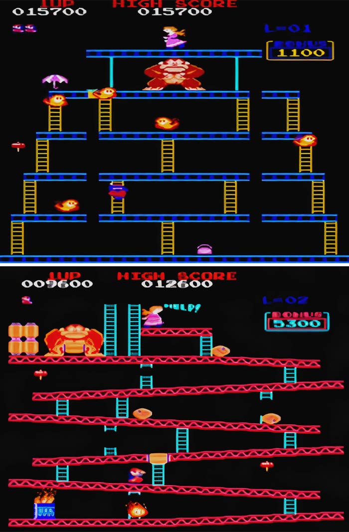 Retro video game scene with ladders, platforms, and characters in action, evoking nostalgia for classic gaming days.