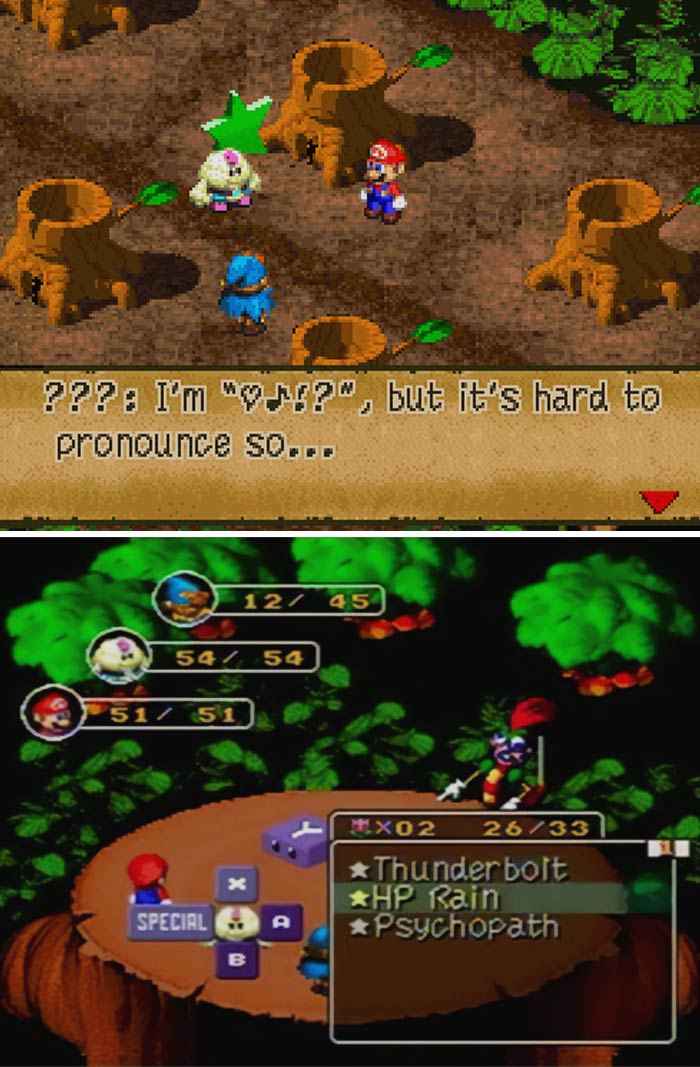 Retro video game characters interacting in a pixelated forest setting from classic RPG gameplay.