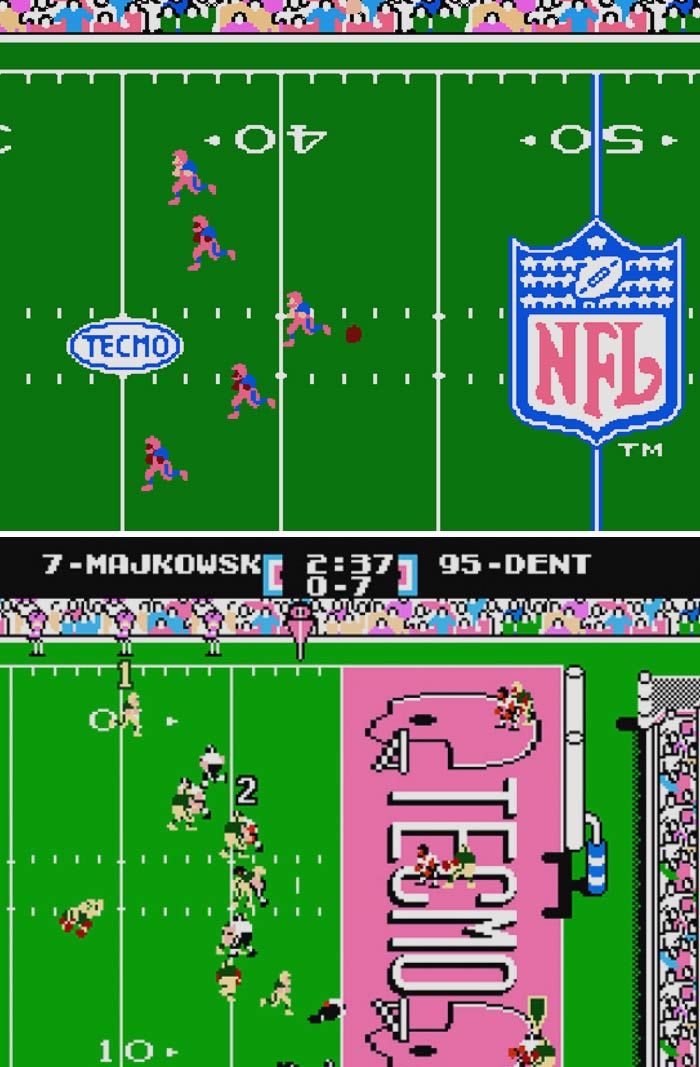 Retro video game screenshot showing pixelated football gameplay with NFL logo and TECCMO branding on green field.