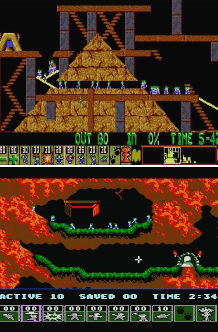 Retro video game screenshot featuring pixelated characters navigating puzzles and obstacles, reminiscent of classic gaming days.