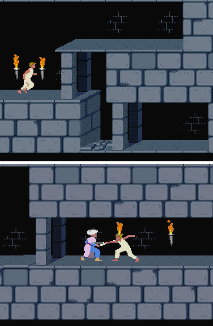 Retro video game scene showing characters navigating pixelated castle corridors with torches on the walls.