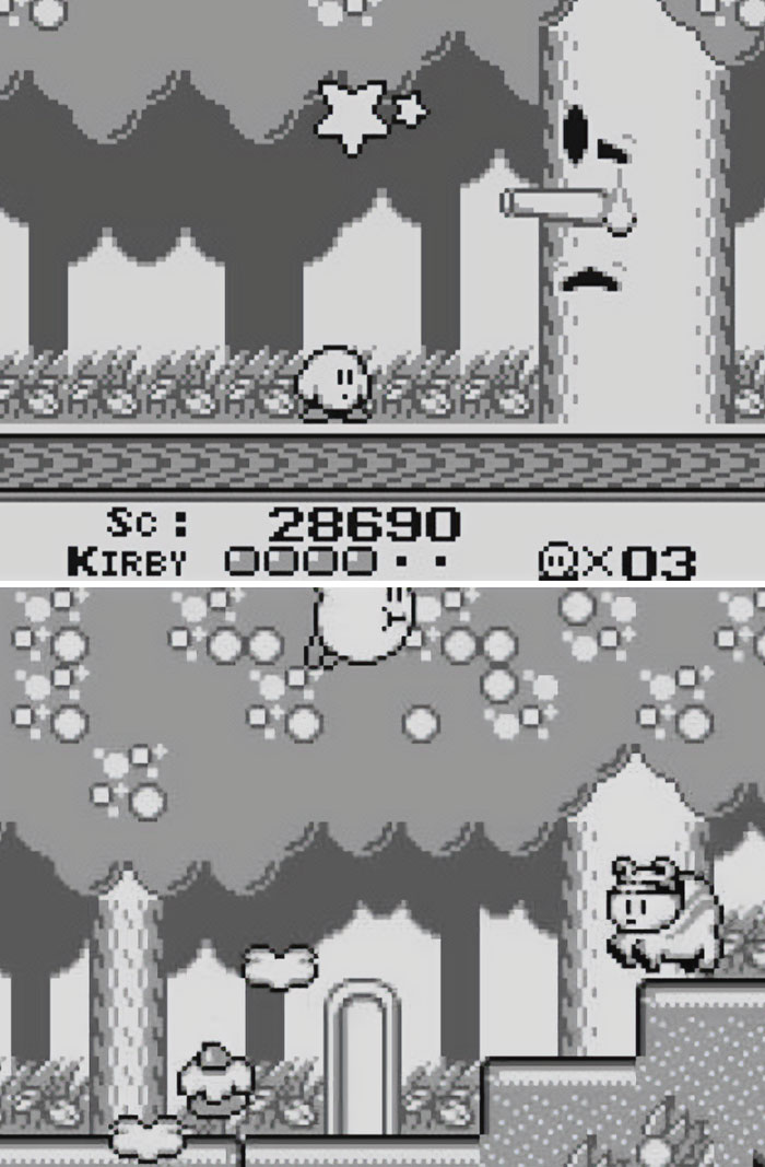 Black and white screenshot of retro video games featuring pixelated characters in forest levels with trees and platforms.