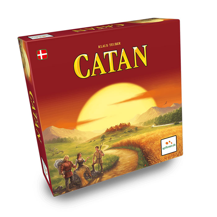 Catan board game box featuring a sunset and characters on a rural path, popular strategy board game for cozy evenings.