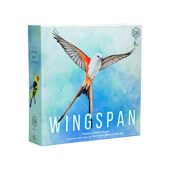 Wingspan strategy board game box featuring a detailed bird illustration against a soft blue and green background.