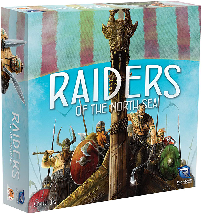 Strategy board game Raiders of the North Sea box featuring Viking warriors on a longship with shields and weapons.
