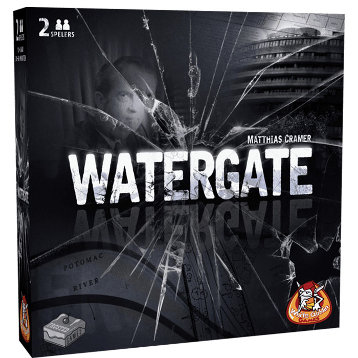 Watergate strategy board game box with c*****d glass design and political theme for two players on cozy evenings.