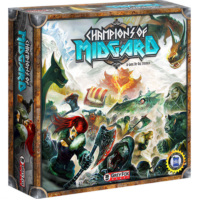 Champions of Midgard strategy board game box featuring Viking warriors and mythical creatures for cozy game nights.