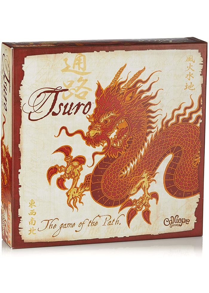 Tsuro strategy board game box featuring an illustrated red dragon and calligraphy on a beige background.