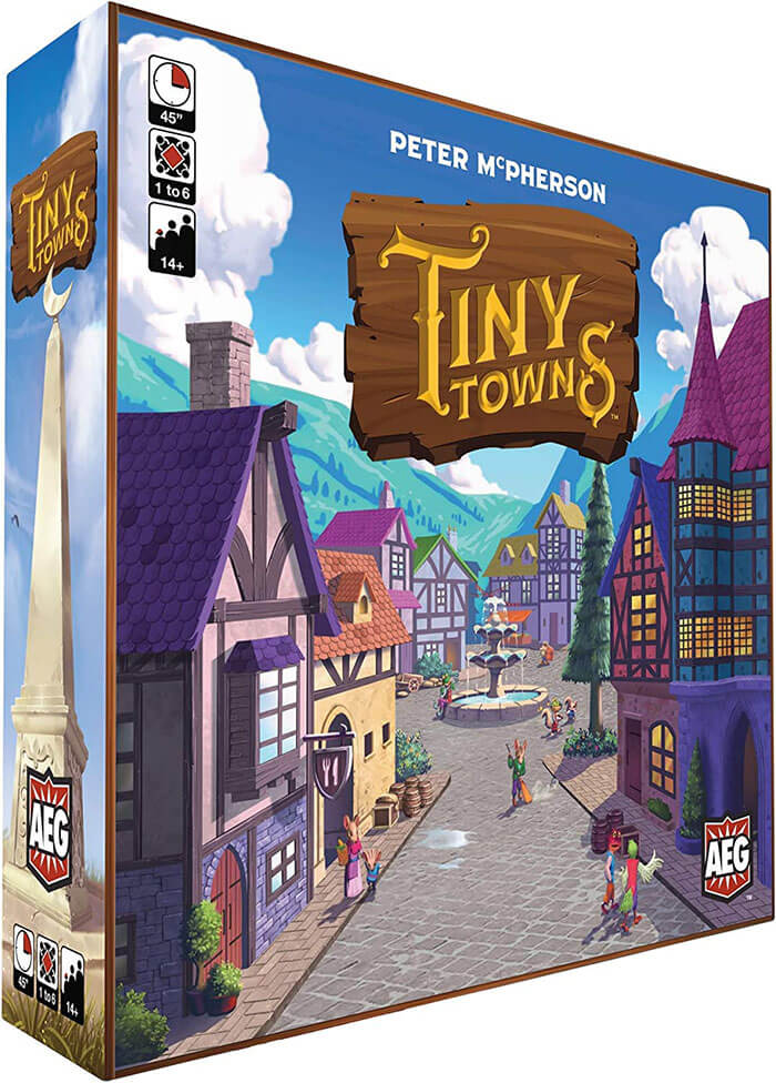 Tiny Towns strategy board game box featuring a vibrant village scene with colorful medieval-style buildings and characters.