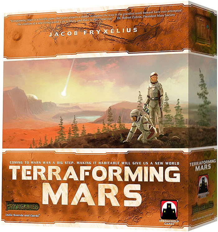 Terraforming Mars strategy board game box featuring astronauts planting greenery on a red planet landscape.