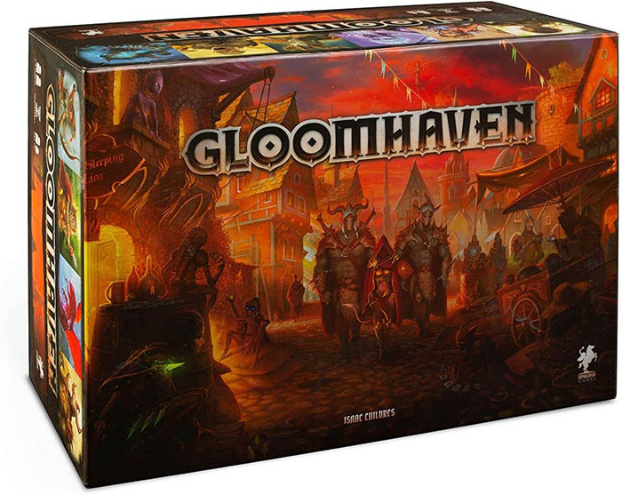 Gloomhaven strategy board game box featuring detailed fantasy artwork for long cozy evening gameplay.
