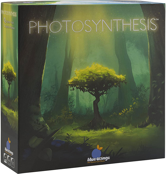 Photosynthesis strategy board game box featuring a forest scene with sunlight filtering through trees for cozy evening play.