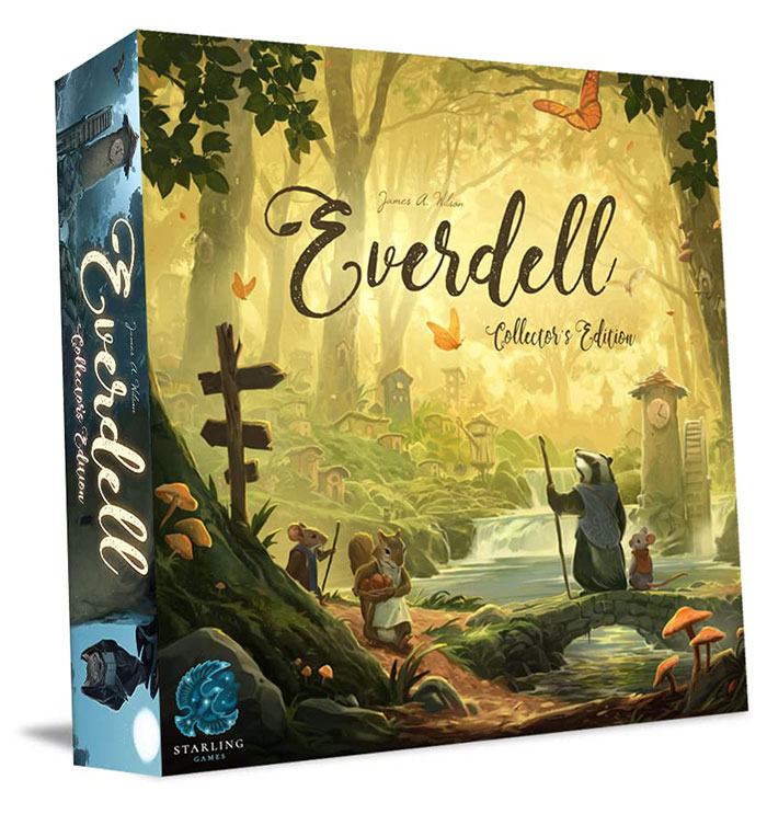 Everdell strategy board game box featuring woodland creatures in a fantasy forest scene for cozy evenings playing.