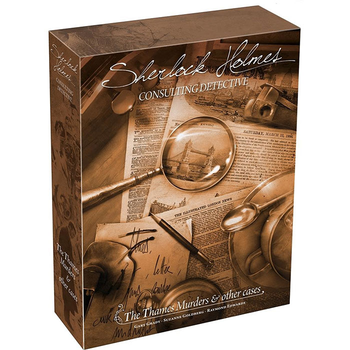 Sherlock Holmes strategy board game box featuring magnifying glass on vintage newspaper for cozy evening play.