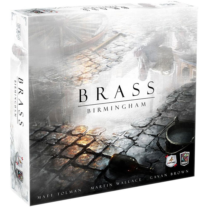 Box cover of Brass Birmingham strategy board game featuring a cobblestone street and industrial-themed artwork.