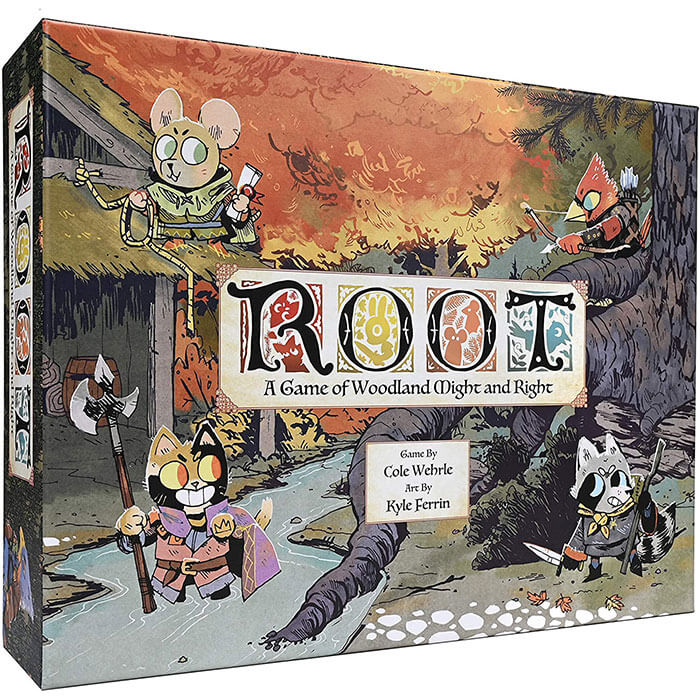 Box cover of the strategy board game Root featuring woodland animal characters in an autumn forest setting.