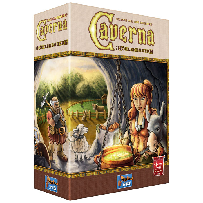 Board game Caverna box showing fantasy characters and farm animals, a popular strategy board game for cozy evenings.