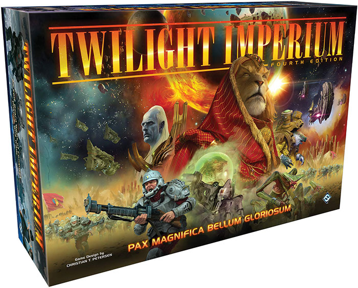 Twilight Imperium strategy board game box featuring space and fantasy characters for long cozy evening play.