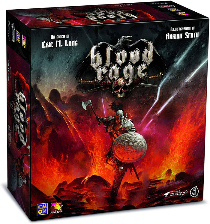 Blood Rage strategy board game box featuring warrior artwork in a fiery volcanic battle scene.