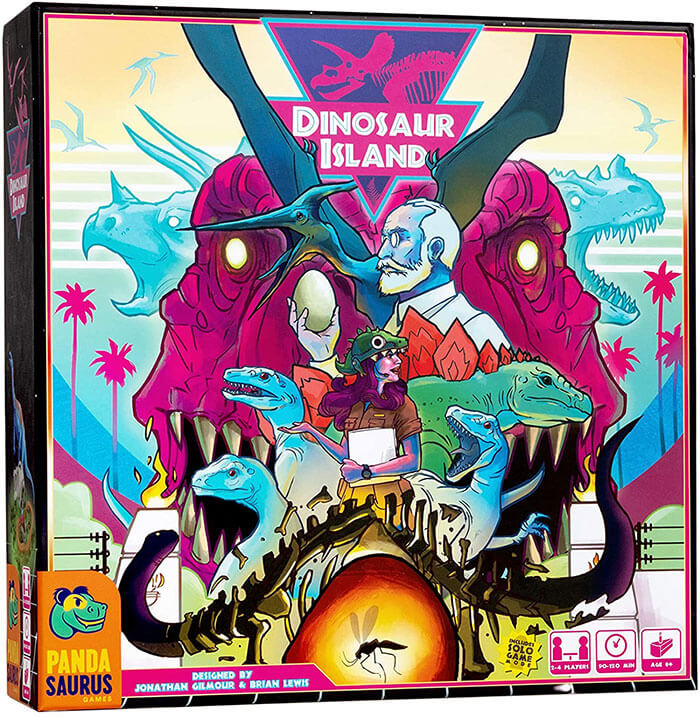 Colorful strategy board game Dinosaur Island box featuring dinosaurs, characters, and prehistoric theme for cozy game nights.