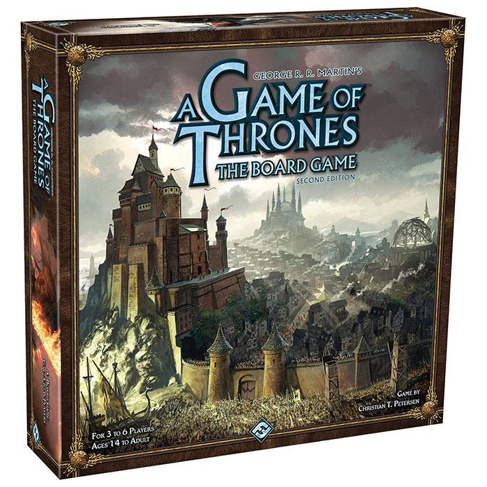 A Game of Thrones strategy board game box featuring a detailed castle and medieval cityscape artwork.
