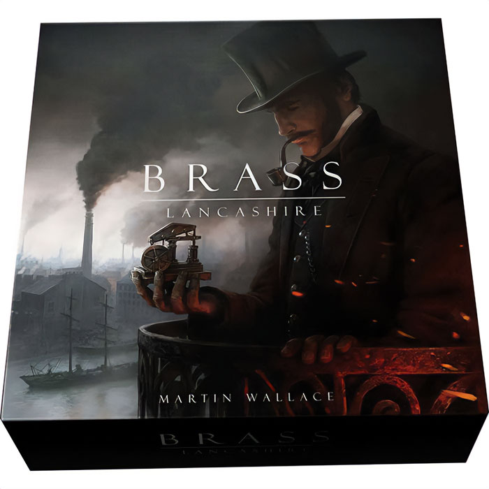 Box cover of Brass Lancashire strategy board game featuring a man in a top hat holding a miniature industrial machine with smoke stacks in background.