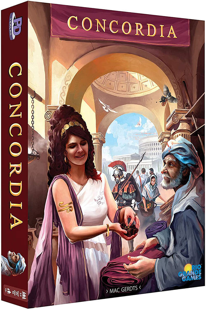 Box art of Concordia strategy board game featuring historical characters trading goods in an ancient Roman setting.