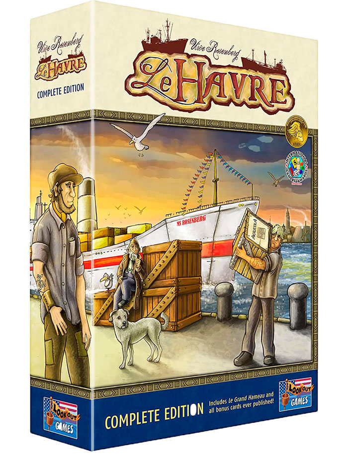 Le Havre strategy board game box art showing a harbor scene with workers, crates, a dog, and a ship in the background.