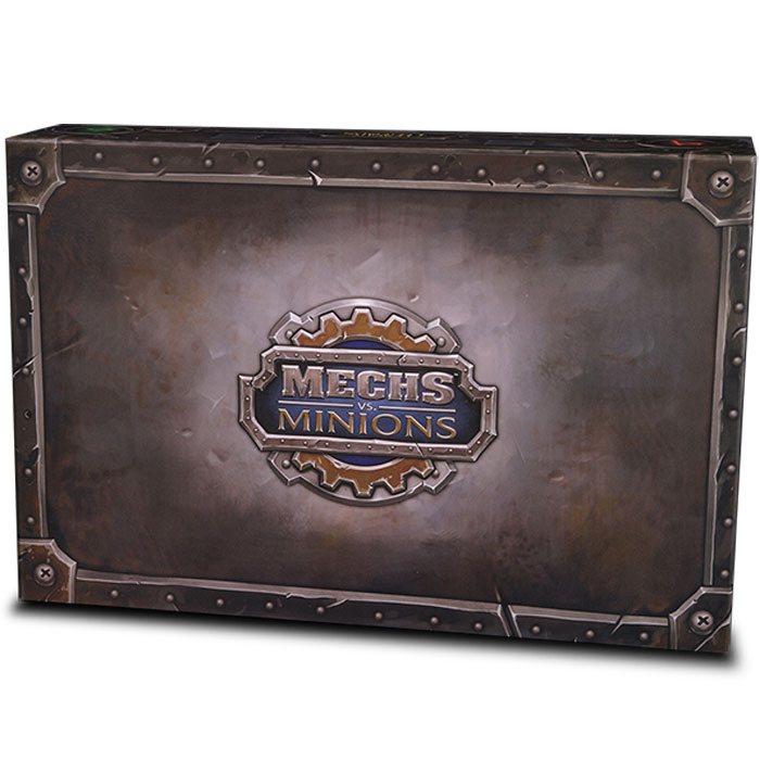 Mechs vs Minions strategy board game box with metal gear design for long cozy evenings.