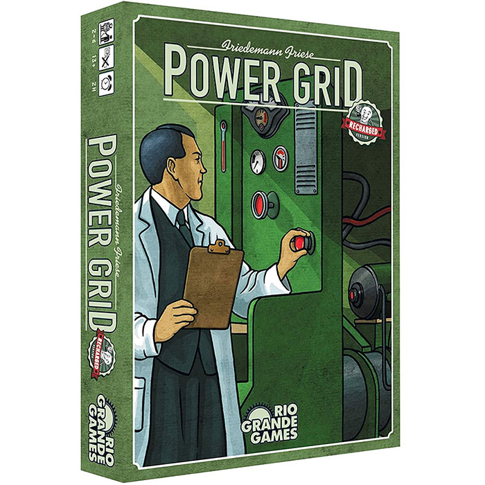 Power Grid board game box featuring a man in a lab coat adjusting controls, representing strategy board games for cozy evenings.