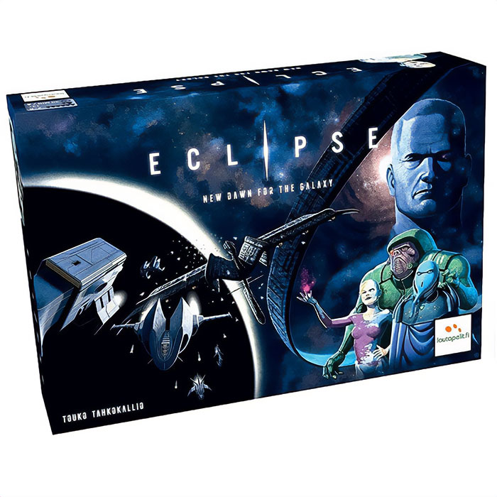 Eclipse strategy board game box with space theme and alien characters, ideal for long cozy gaming evenings.