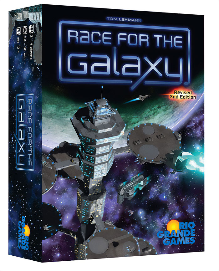 Race for the Galaxy strategy board game box featuring a futuristic space station and starships in outer space.