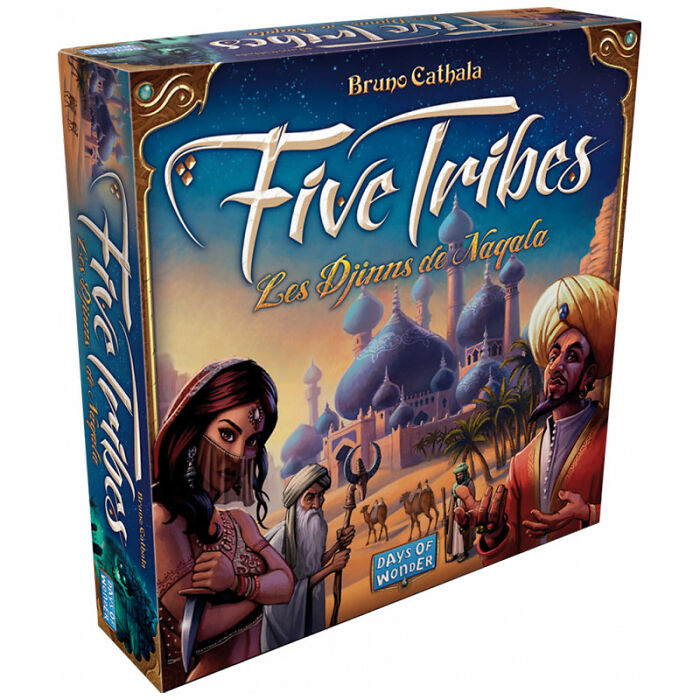 Five Tribes strategy board game box featuring Middle Eastern inspired artwork and characters for cozy evening gameplay.