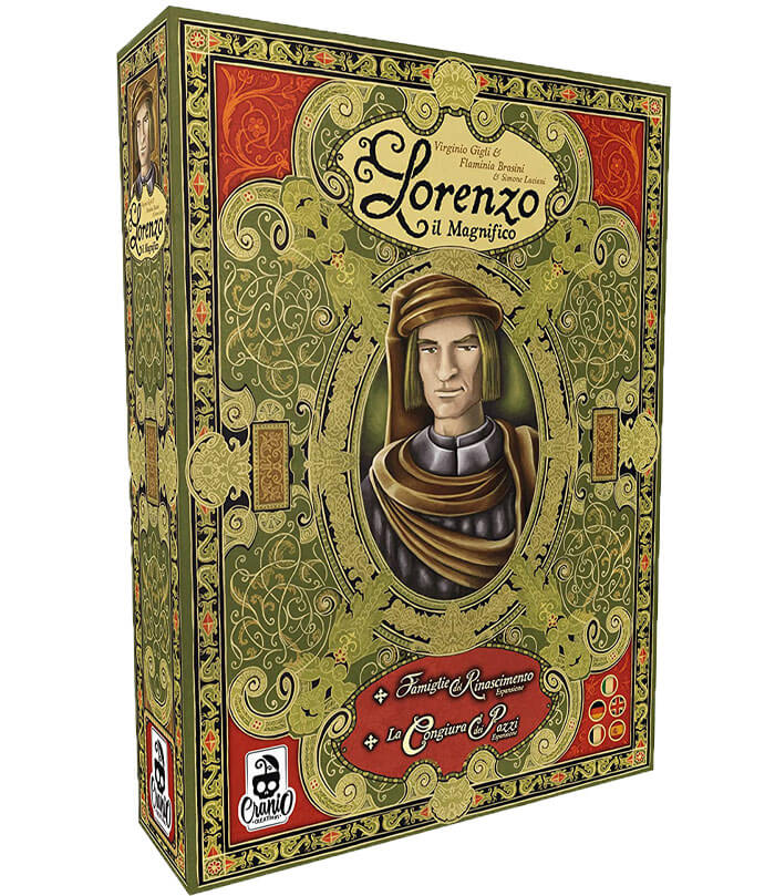 Strategy board game Lorenzo il Magnifico with detailed Renaissance-themed artwork on box cover.
