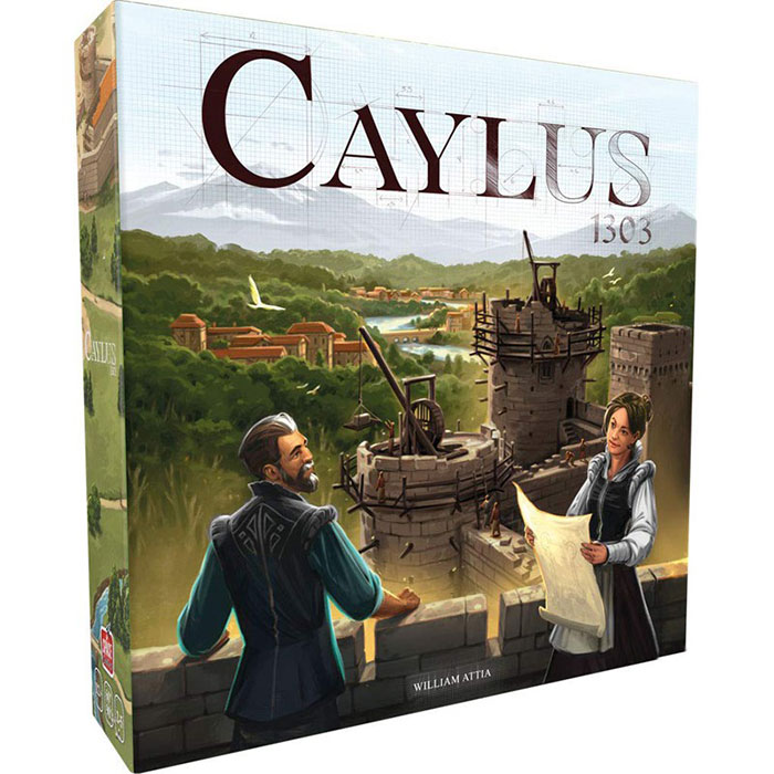 Caylus strategy board game box featuring medieval castle construction with two characters planning on a sunny day.