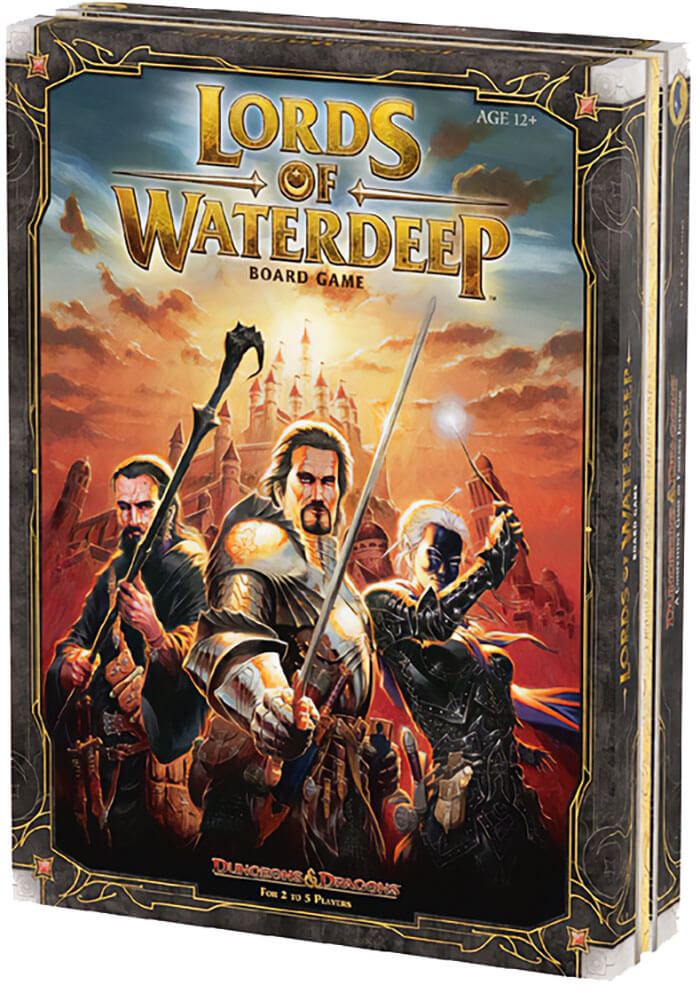 Lords of Waterdeep strategy board game box featuring fantasy characters against a castle background for cozy evening play.