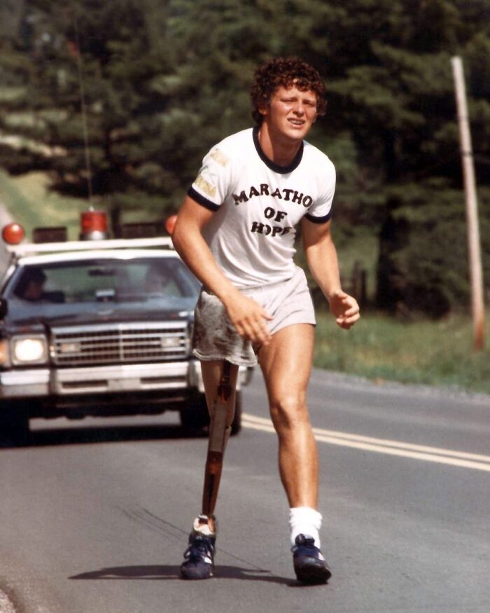 Terry Fox, A 21 Year Old Canadian Who Lost A Leg To Cancer, Began A Cross-Canada Run To Raise Money For Cancer Research. He Ran The Equivalent Of A Full Marathon A Day. He Made It 143 Days And 5,373 Km Before The Spread Of His Cancer Forced Him To Quit. He Died June 1981