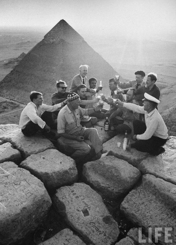 An Old Photo Showing A Party At The Summit Of The 4600-Year-Old Great Pyramid Of Giza, By Life Magazine, 1940s