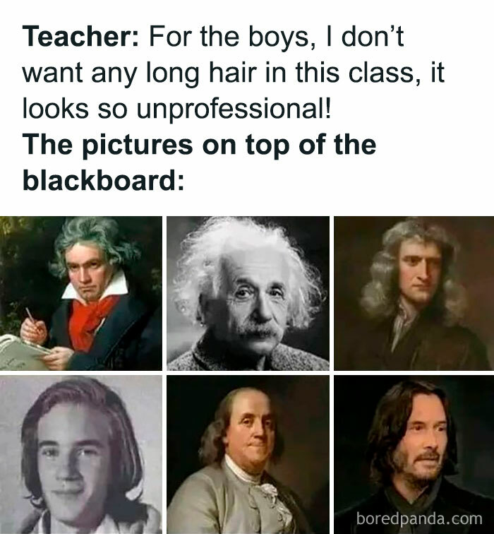 Images of famous scientists with long hair, used humorously in a funny science jokes and memes context.