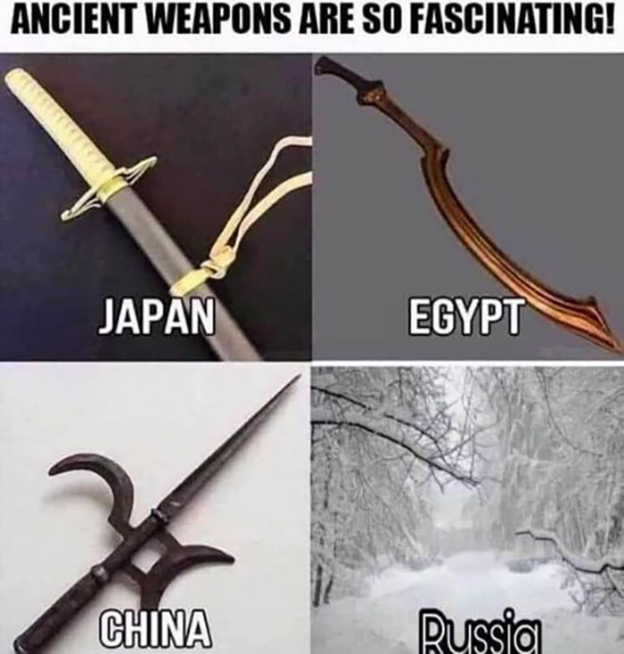 Ancient weapons from Japan, Egypt, China, and snowy Russian landscape in funny science jokes and memes.