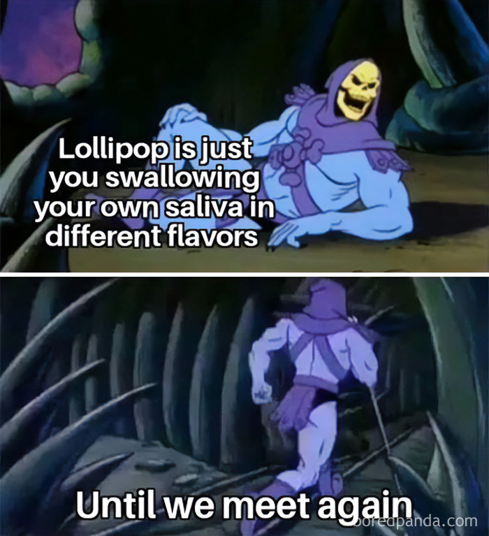 Skeletor meme sharing a funny science joke about lollipops and saliva in a humorous science jokes and memes post.