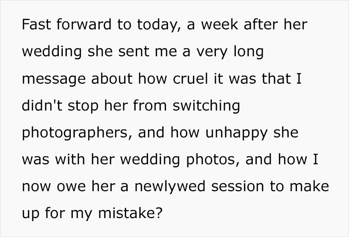 Bride Cancels Photographer For $3200 Because She Found Someone For $50, Regrets Her Decision And Asks Them To Do A Photoshoot For Free - 6